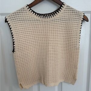 Sleeveless Cream Crochet Tank Top with Black Trim